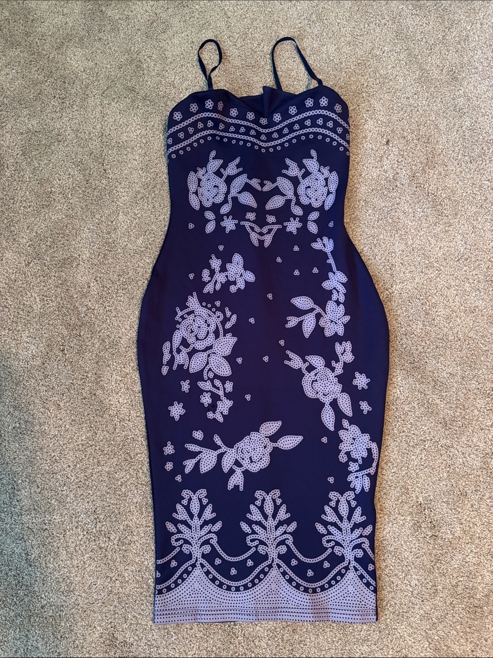 Navy Floral Midi Bodycon Dress with Spaghetti Straps